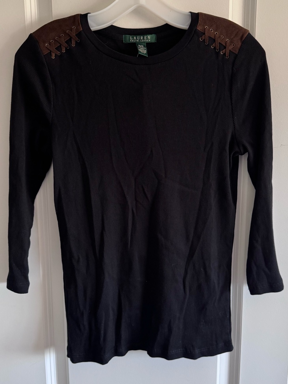 Ralph Lauren 3/4 Black Long-Sleeve Top with Brown Suede Shoulder Accents